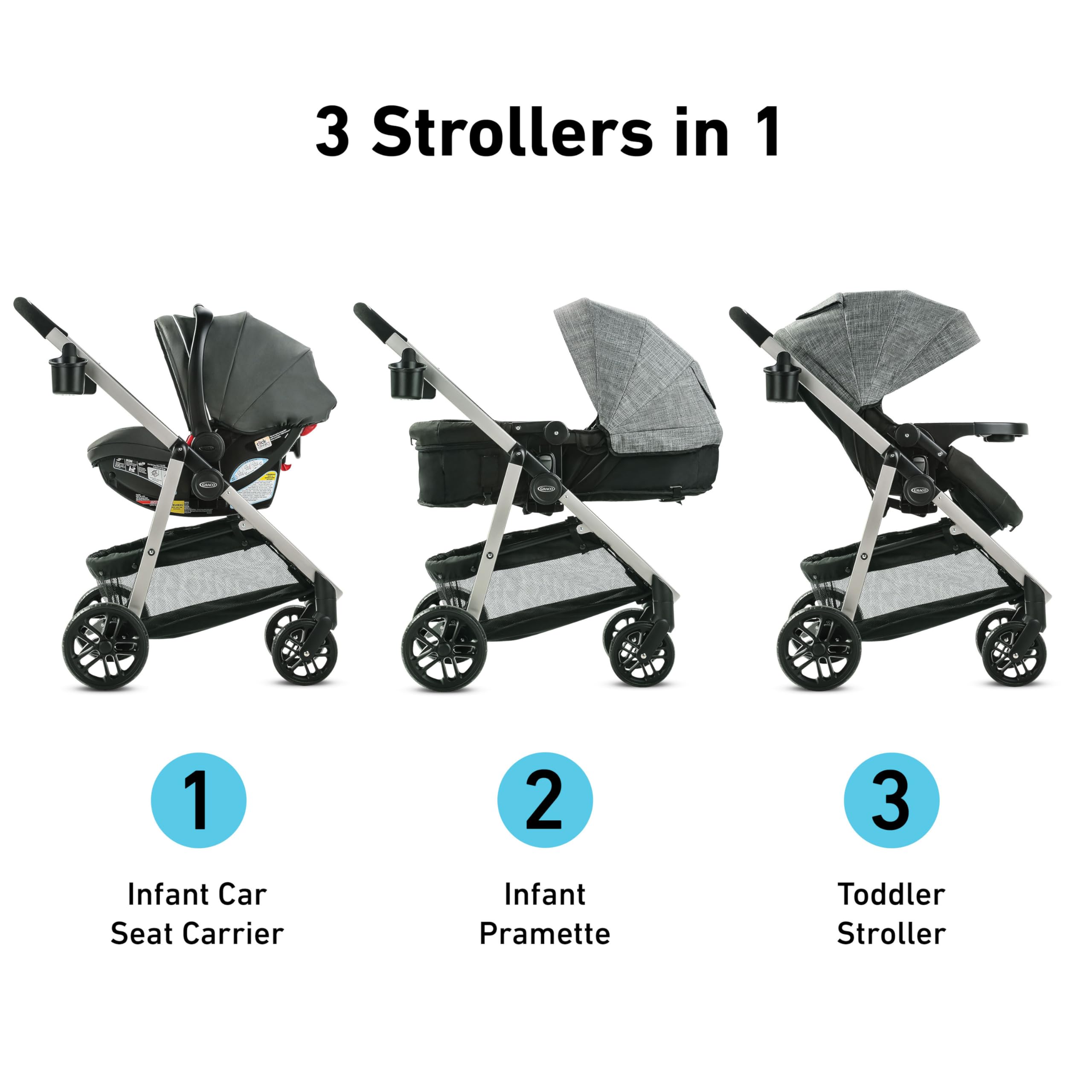 Graco Modes Pramette travel system with infant car seat and stroller, featuring SnugRide 35 car seat in Ellington fabric.