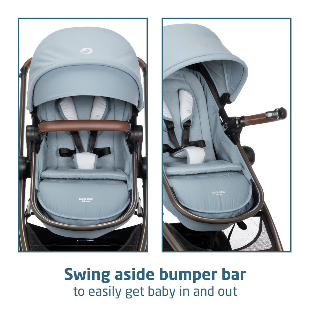 Maxi-Cosi Zelia Luxe 5-in-1 modular travel system with stroller, car seat, and accessories in stylish navy blue.