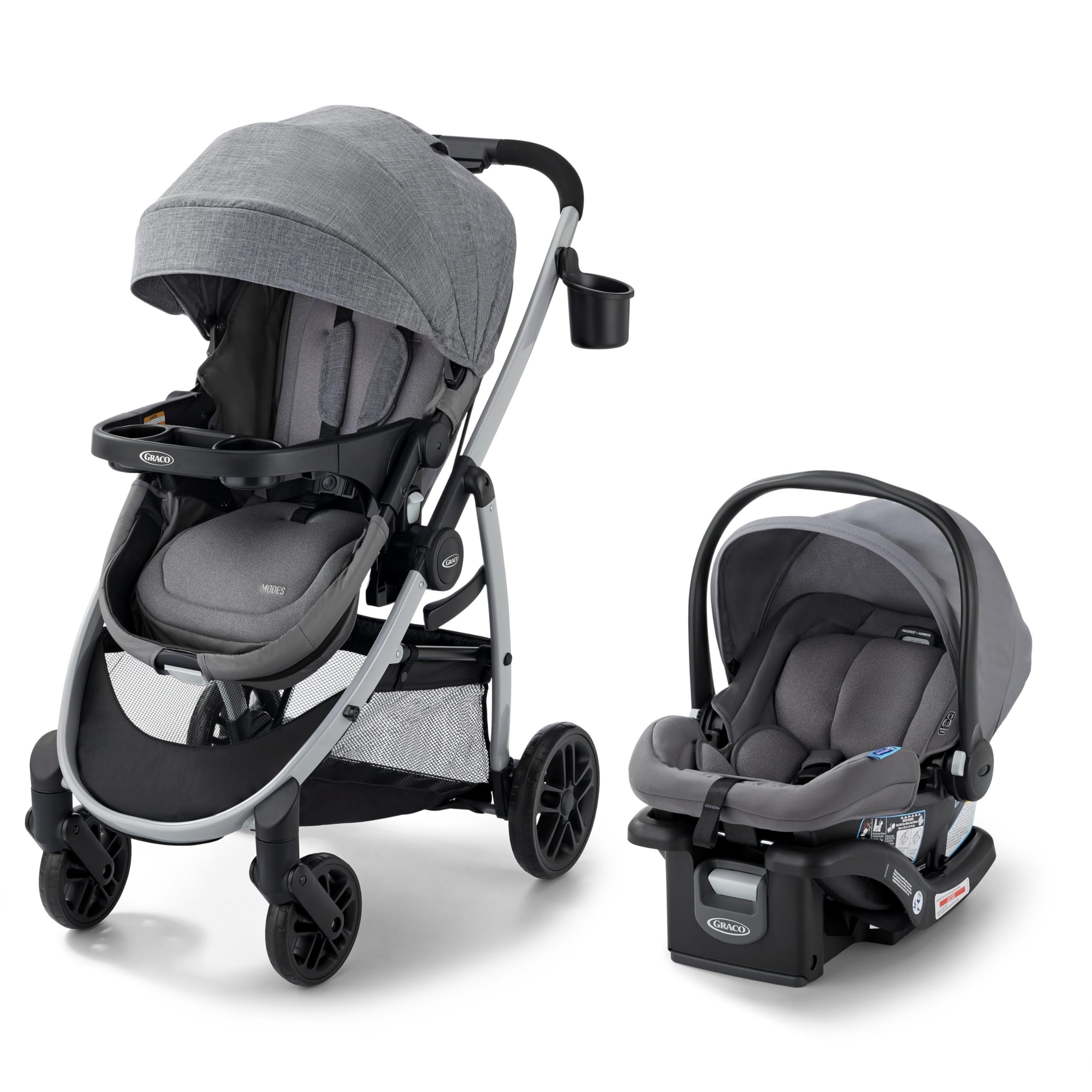 Graco Modes Pramette travel system with infant car seat and toddler stroller, featuring the SnugRide 35 car seat in Ellington fabric.