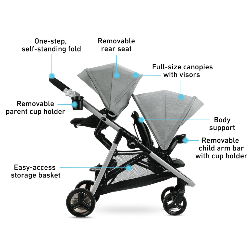 Graco Ready2Grow 2.0 double stroller with bench seat and standing platform for versatile child transportation.