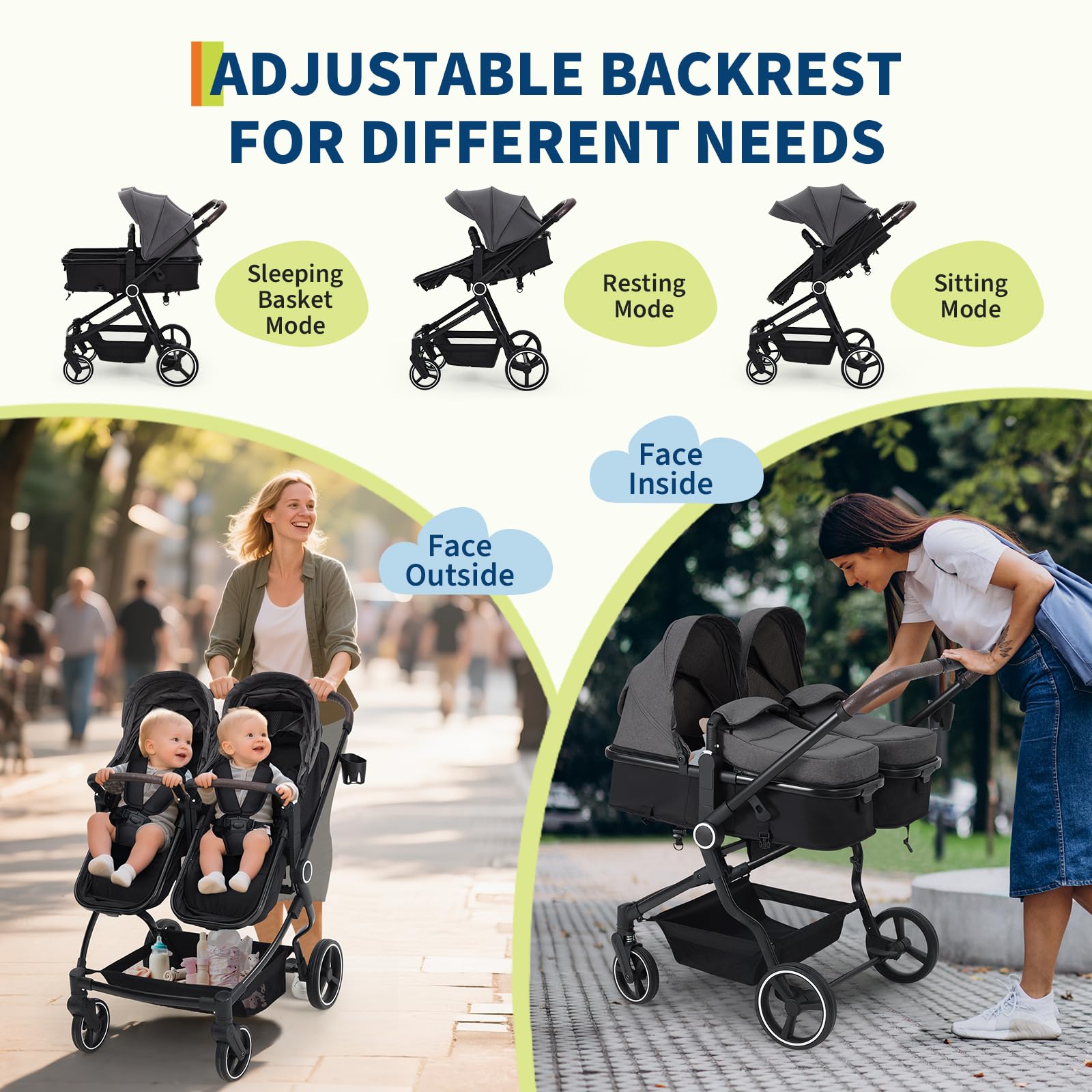 Pink double stroller for newborn and toddler with adjustable recline, canopy, parent cup holders, lightweight fold, suitable for twins and older kids.