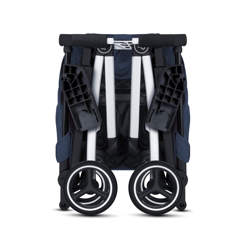 My Store gb Pockit+ All-Terrain lightweight travel stroller with canopy and reclining seat in velvet black, shown folded and open