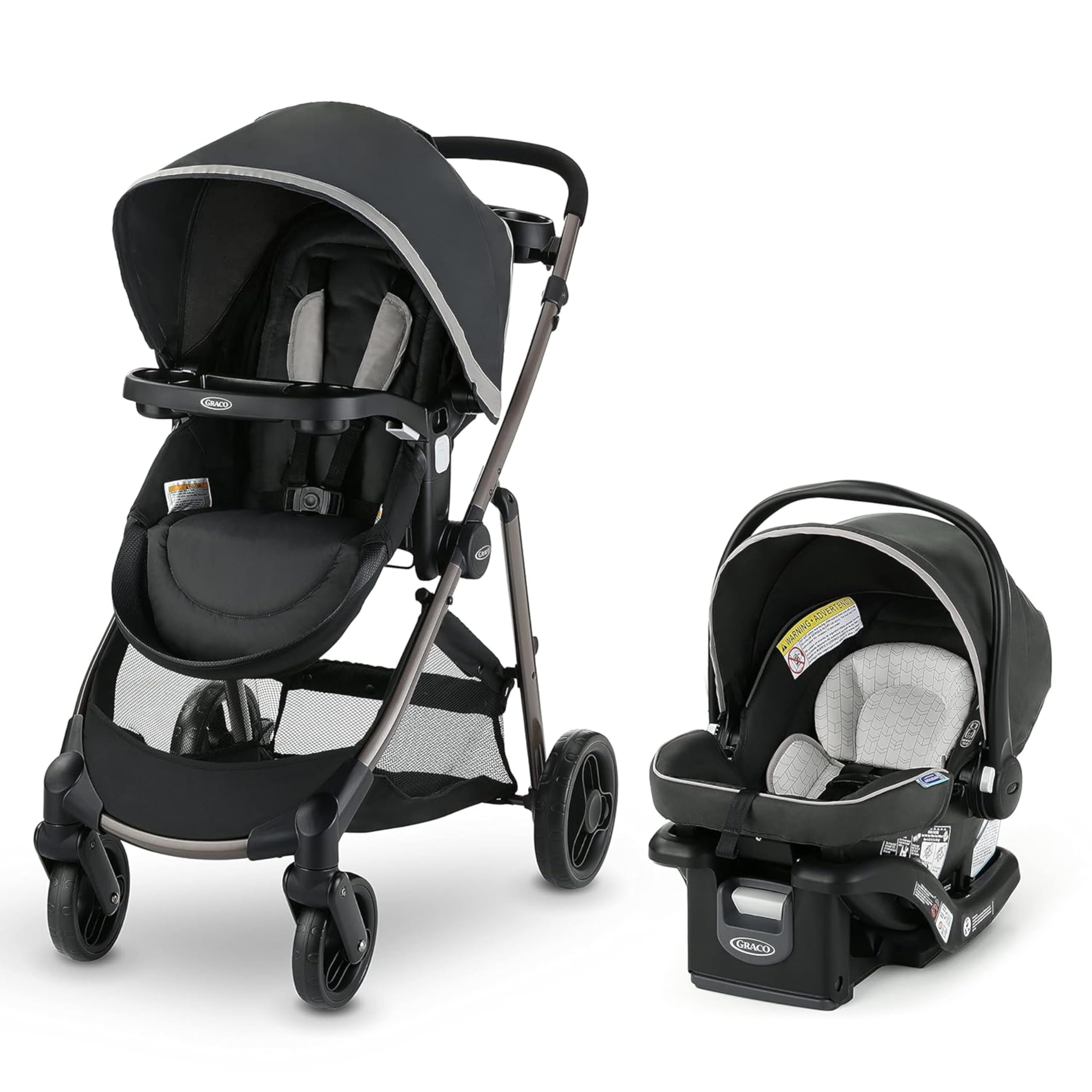 Graco Modes Element Canter travel system with stroller and infant car seat, featuring adjustable canopy and storage basket.