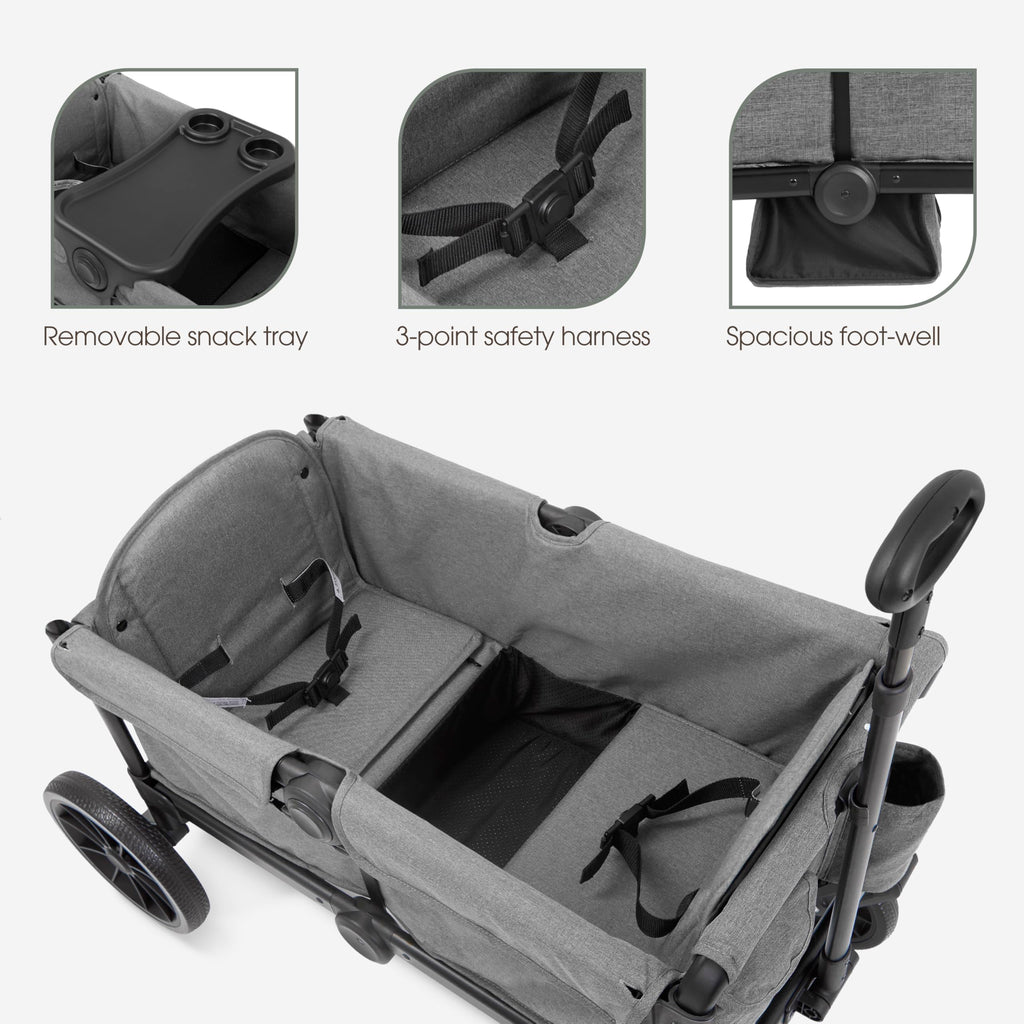 Evolur Trailblazer double wagon stroller in black with all-terrain wheels, 5-point harness, removable canopy, and spacious storage.