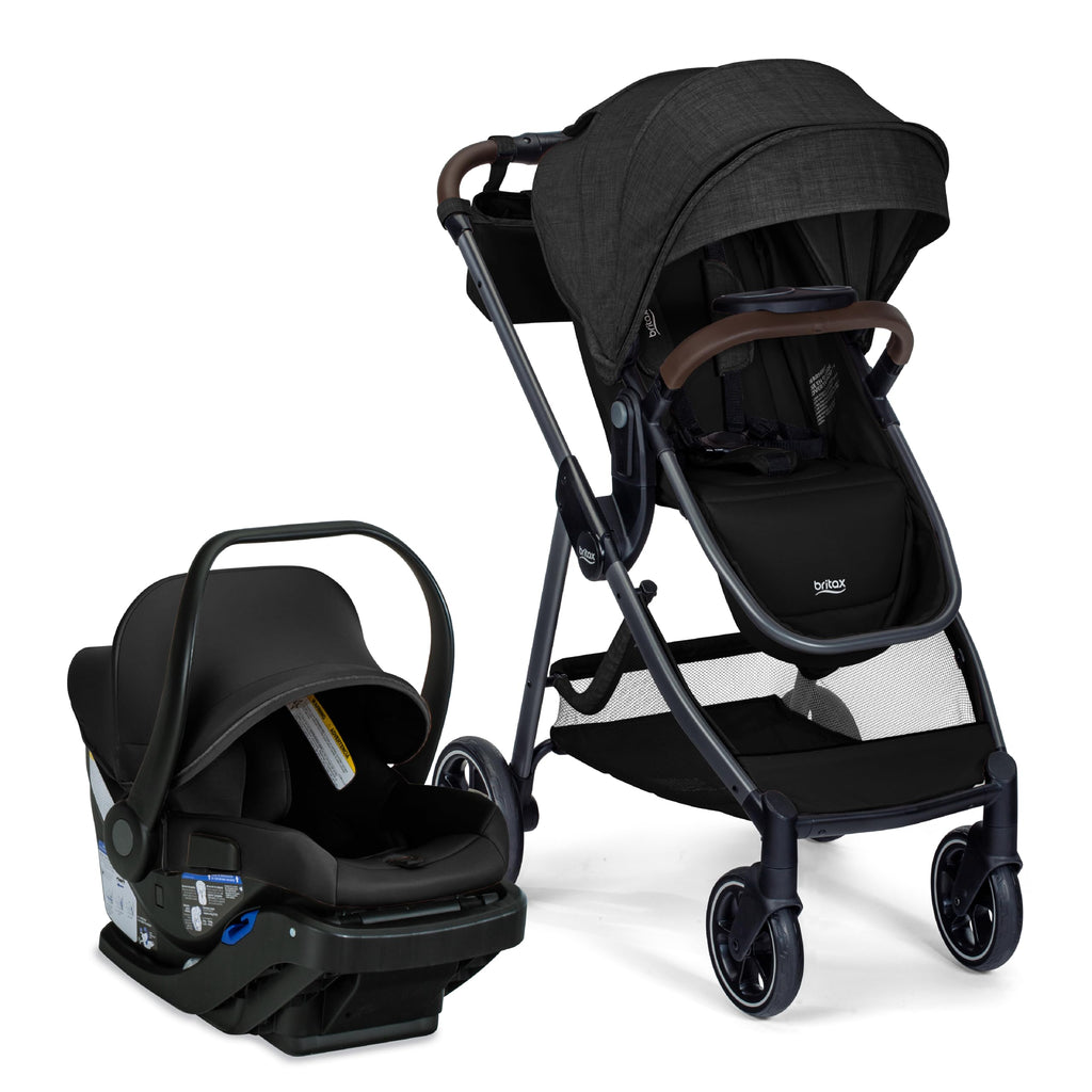 Britax Phases travel system with Arbor infant car seat, stroller in Raven Black, featuring parent organizer and DuoConnect 6-in-1 mode