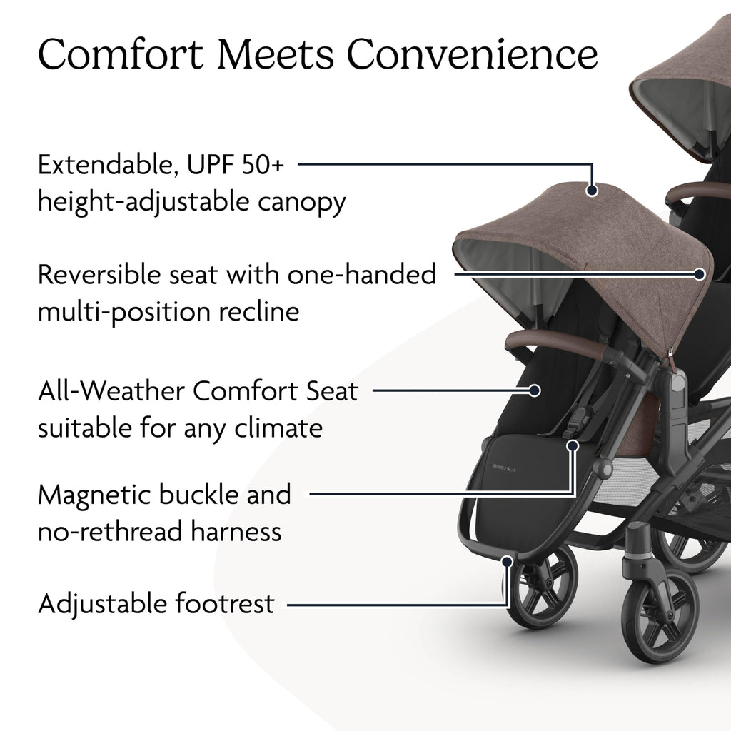 UPPAbaby RumbleSeat V3 second lower all-weather seat with magnetic buckle and adapters, compatible with Vista V2 and V3, in Declan color.