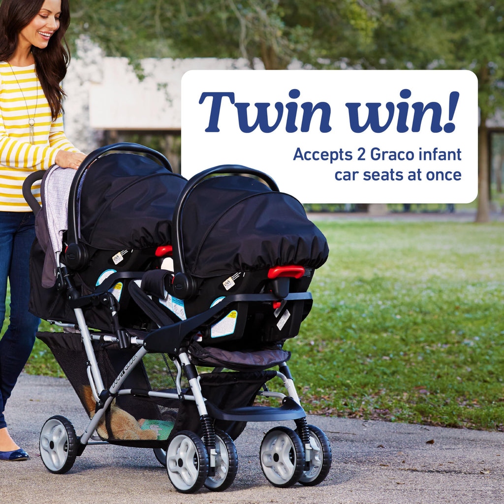 Graco DuoGlider double stroller with tandem seating in glacier color, lightweight design, suitable for two children.