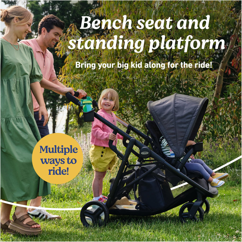 Graco Ready2Grow 2.0 double stroller with bench seat and standing platform, featuring Rafa design, suitable for two children.