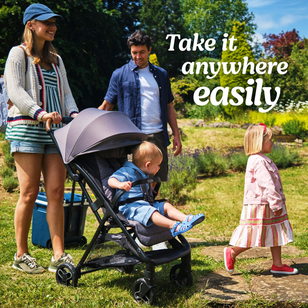 Graco Ready2Jet compact travel stroller with automatic fold, overhead friendly design, lightweight and easy to maneuver.
